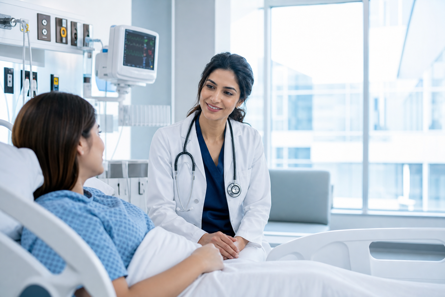 Doctor consulting a patient in a modern hospital room